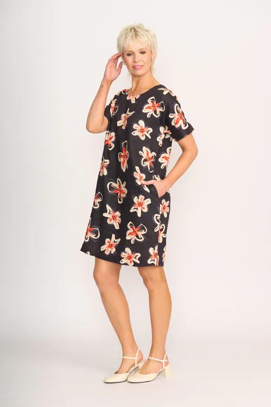 Model wearing Flower Doodle Contrast Facing Shift Dress By Preen Available at Beetees Nelson