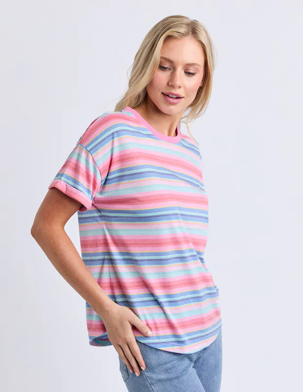 Model wearing Multi Stripe Icecream Tee By Elm Available at Beetees Nelson