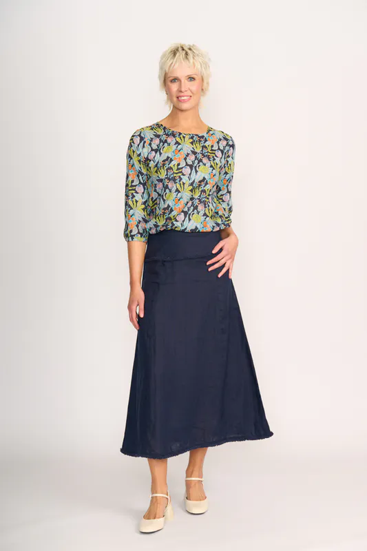 Model wearing Navy Floral Top - Elastic Hem By Foil Available at Beetees Nelson