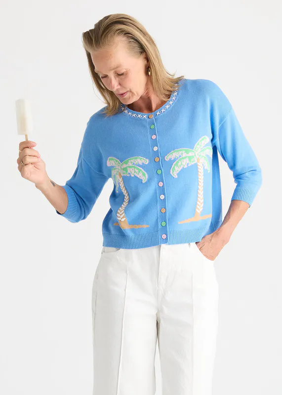 Model wearing Bluebell Island Cardi By Zaket & Plover Available at Beetees Nelson