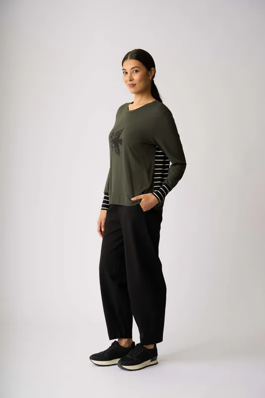 Model wearing Bird with Twig Stripe Cuff Top By Foil Available at Beetees Nelson