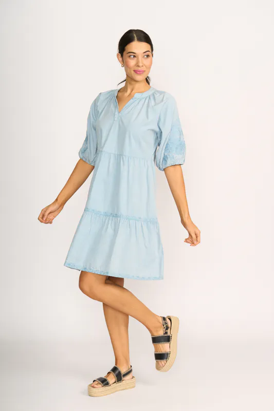 Model wearing Blue Embroidered Tiered Dress By Foil Available at Beetees Nelson