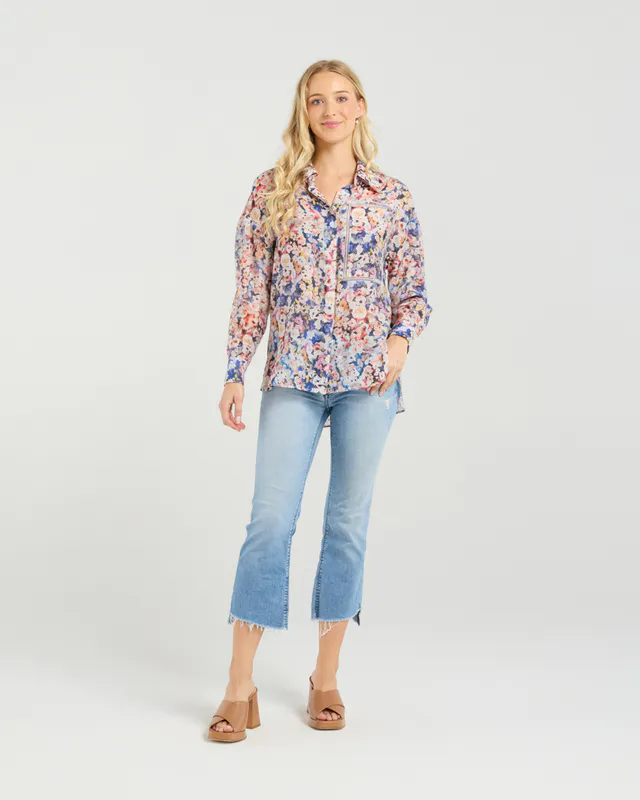 Model wearing Poppy Patch Michaela Shirt By Et Alia Available at Beetees Nelson