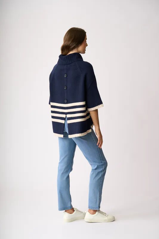 Model wearing Midnight ( Oat Stripe) Relaxed, Split Back Jumper By Memo Available at Beetees Nelson