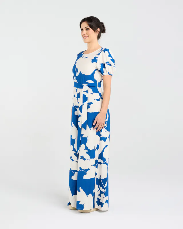 Model wearing Blue Aztec Juliana Tie Waist Jumpsuit By Blackstone Available at Beetees Nelson