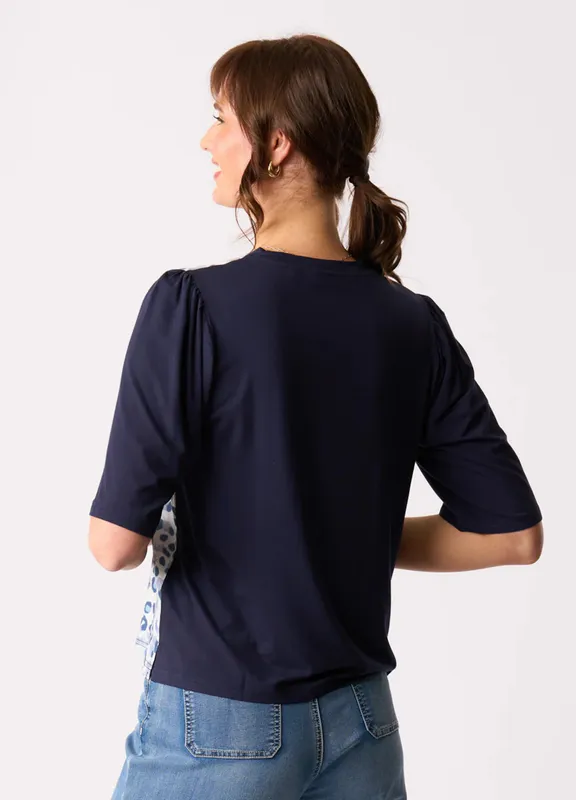 Model wearing Denim Roar Combo Elbow Sleeve Top By Memo Available at Beetees Nelson
