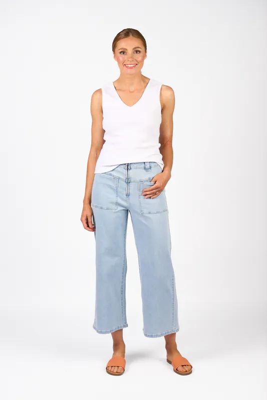 Model wearing Light Wash Spin Jean By Knewe Available at Beetees Nelson