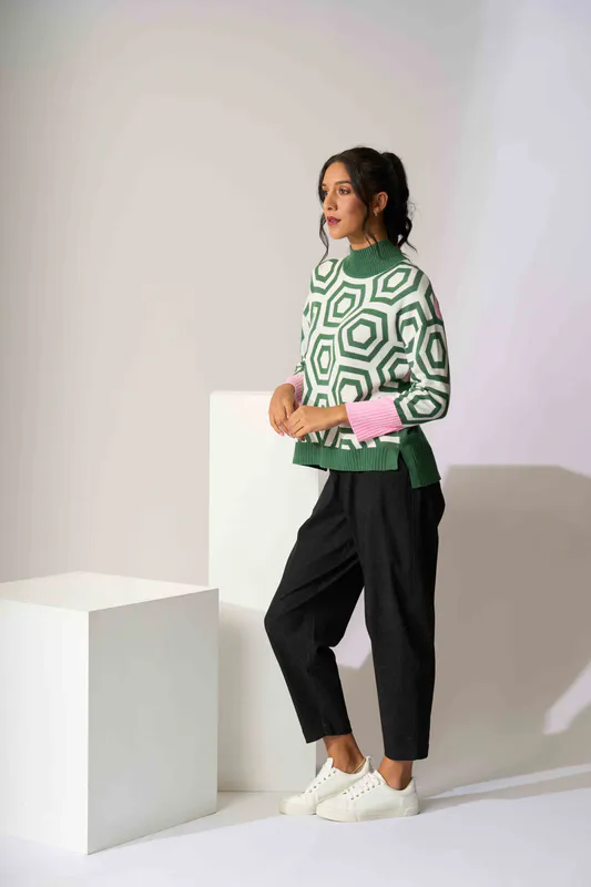 Model wearing Dark Indigo Barrel Leg Jean By Memo Available at Beetees Nelson