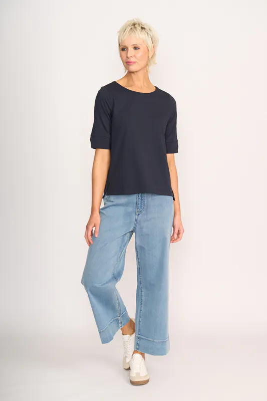 Model wearing True Navy Tee - Wide Neck, Elbow Sleeve By Esplanade Available at Beetees Nelson