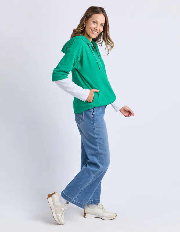 Model wearing Turquoise Beachy Zip Hoodie By Elm Available at Beetees Nelson