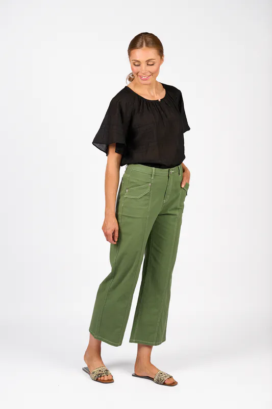Model wearing Olive Shade Pant By Knewe Available at Beetees Nelson