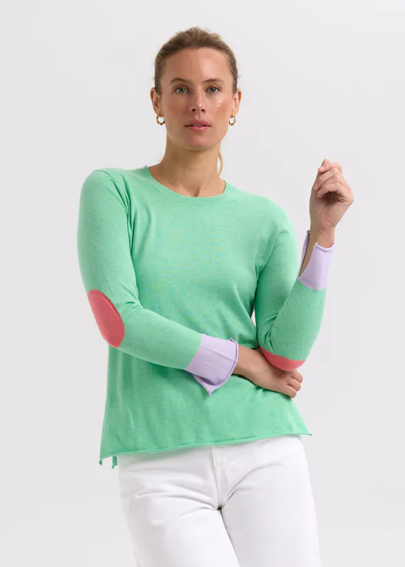 Model wearing Spearmint Elbow Patch Jumper By Zaket & Plover Available at Beetees Nelson