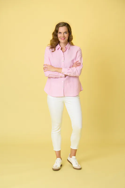 Model wearing Pink Stripe Arrowtown Shirt By Charlie Jane Available at Beetees Nelson