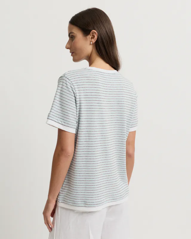 Model wearing Mist Stripe Marais Tee By Yarra Trail Available at Beetees Nelson