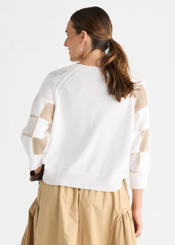 Model wearing White Patch Pointelle Top By Zaket & Plover Available at Beetees Nelson