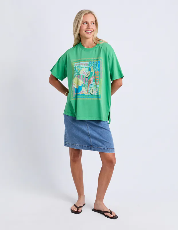 Model wearing Green Rio Rio Tee By Elm Available at Beetees Nelson
