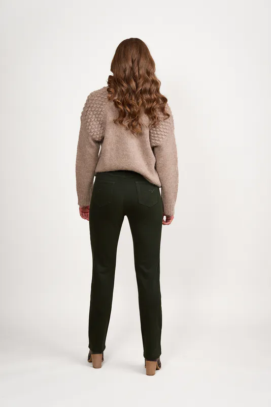 Model wearing Forest Slim Leg Full Length Knit Denim Pull On By Vassalli Available at Beetees Nelson