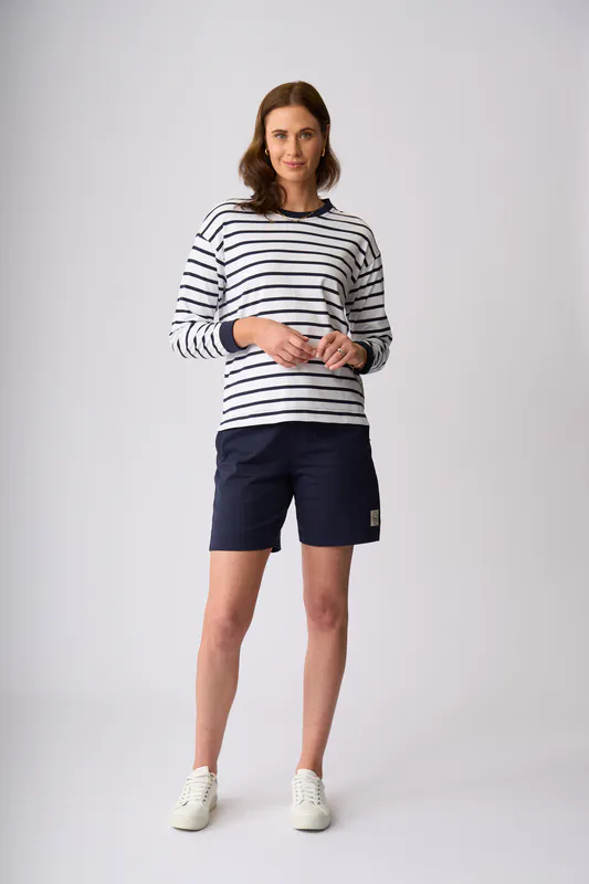 Model wearing White Navy Stripe Stewart Sweater By Charlie Jane Available at Beetees Nelson