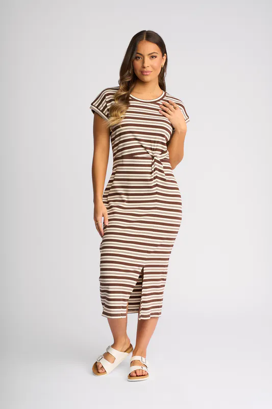 Model wearing Chocolate/Ecru Parker Dress By Knewe Available at Beetees Nelson