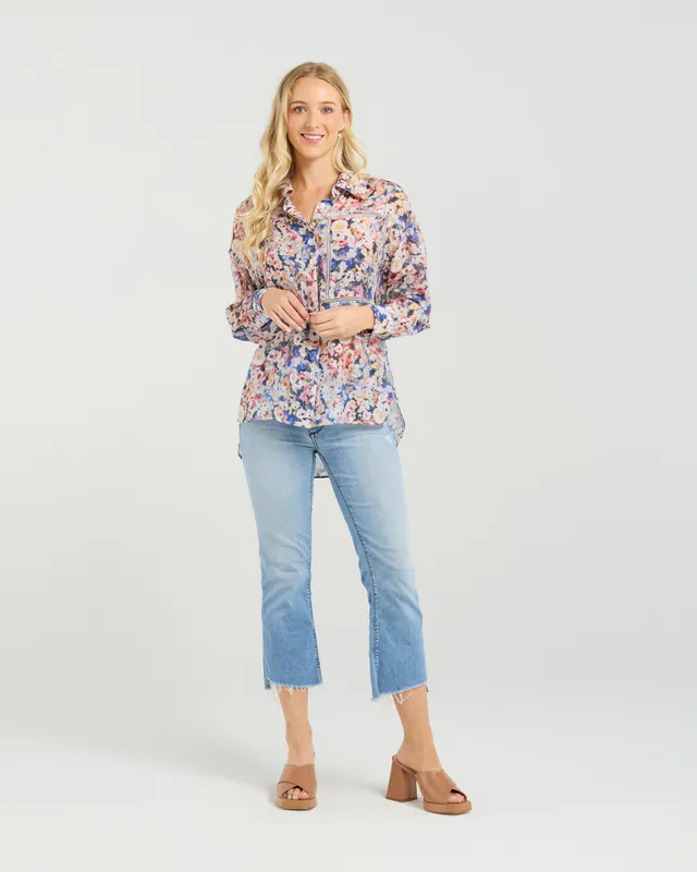 Model wearing Poppy Patch Michaela Shirt By Et Alia Available at Beetees Nelson