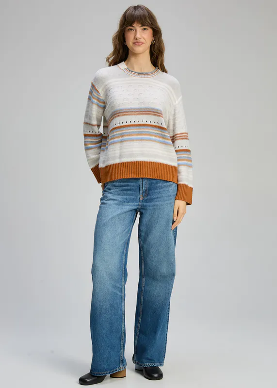 Model wearing Mercury Stripe Pop Jumper By Zaket & Plover Available at Beetees Nelson