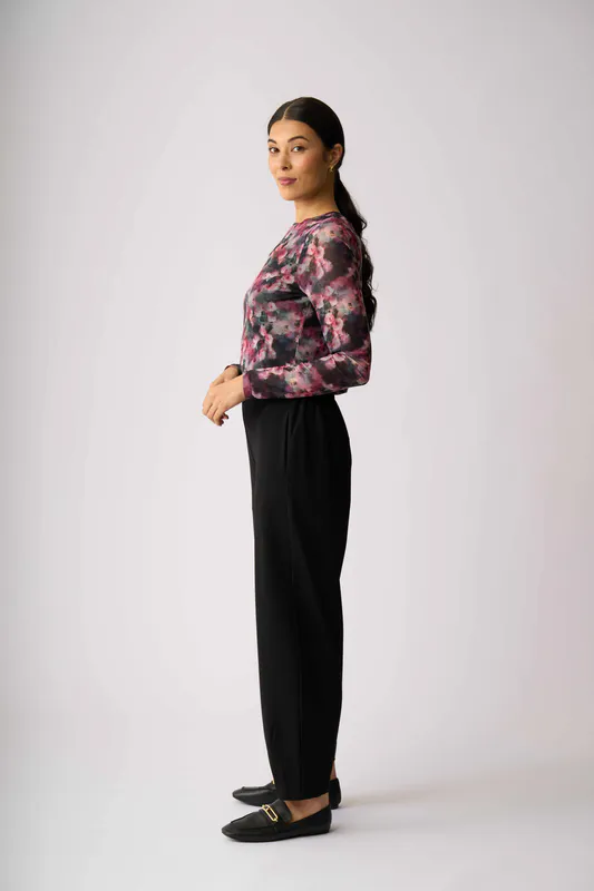 Model wearing Winter Floral Mesh Crew Neck Top By Foil Available at Beetees Nelson