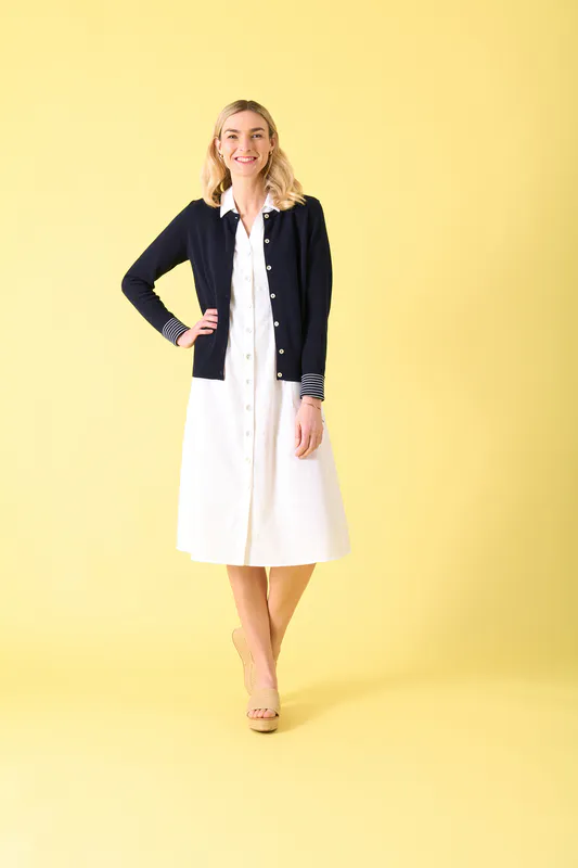 Model wearing Navy Hagley Cardigan By Charlie Jane Available at Beetees Nelson