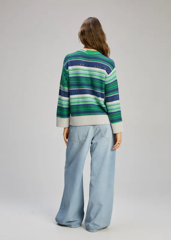 Model wearing Parsley Stripe Pop Jumper By Zaket & Plover Available at Beetees Nelson