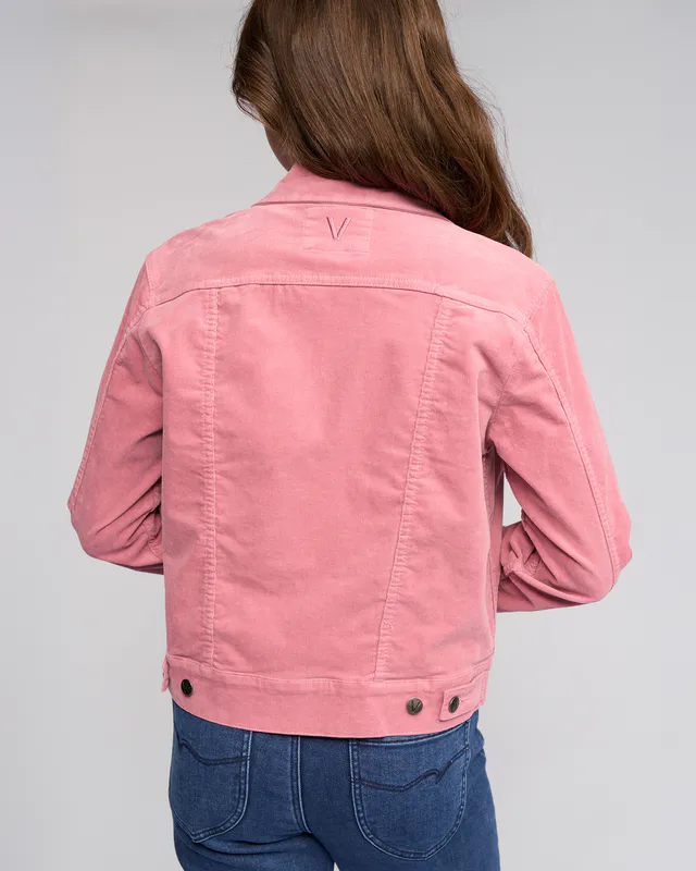 Model wearing Dusky Pink Core Cord Jacket By Vassalli Available at Beetees Nelson