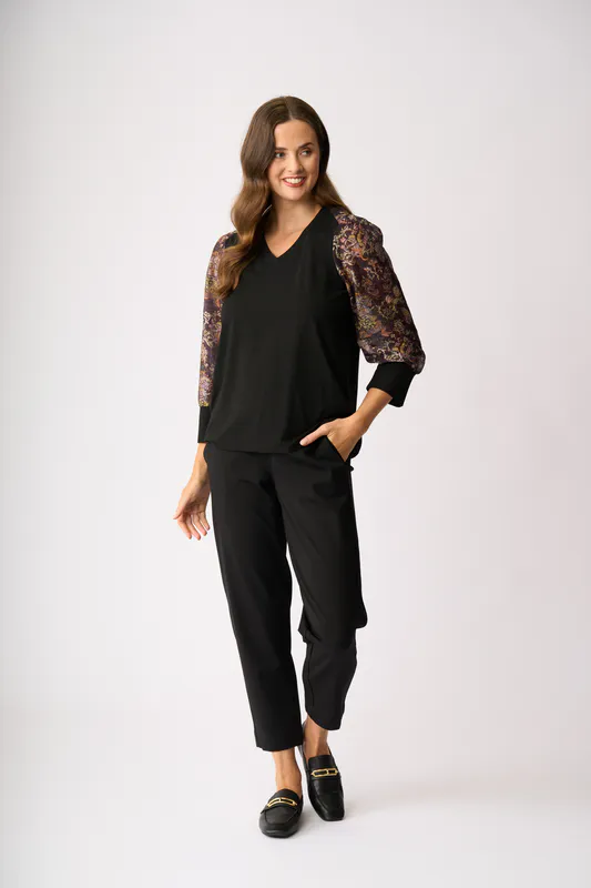 Model wearing Black/Brown Contrast Woven Shoulder Top By Memo Available at Beetees Nelson