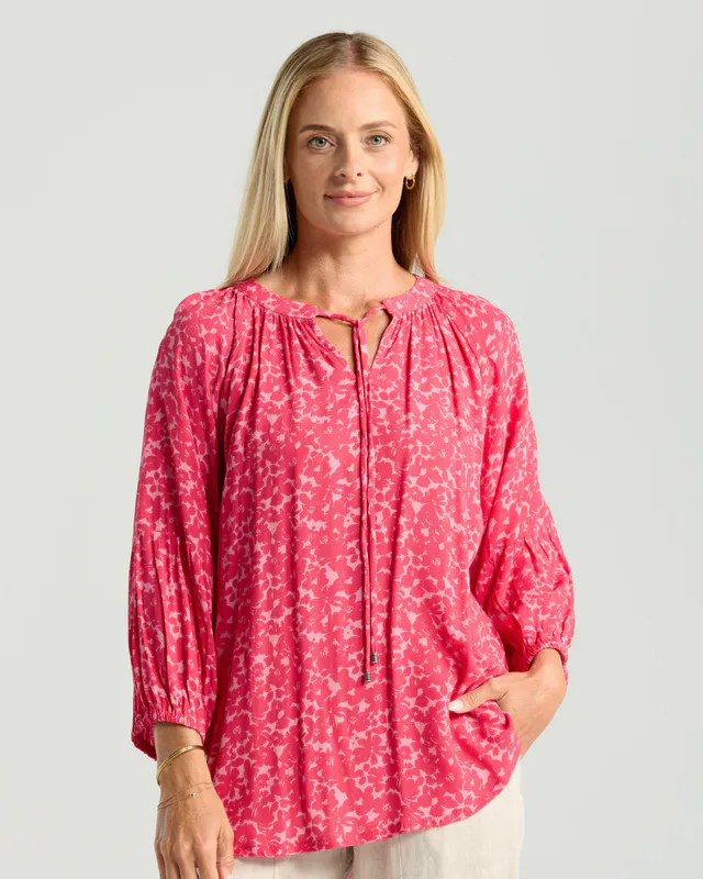Model wearing Secret Garden Rose Sorbet Monica Gathered Sleeve Top By Blackstone Available at Beetees Nelson