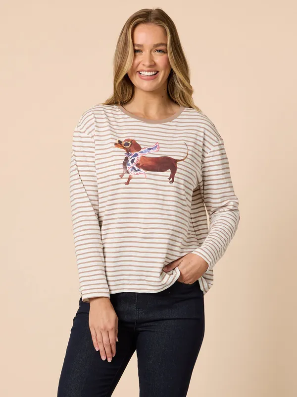 Model wearing Natural Chien Chic Tee By Threadz Available at Beetees Nelson