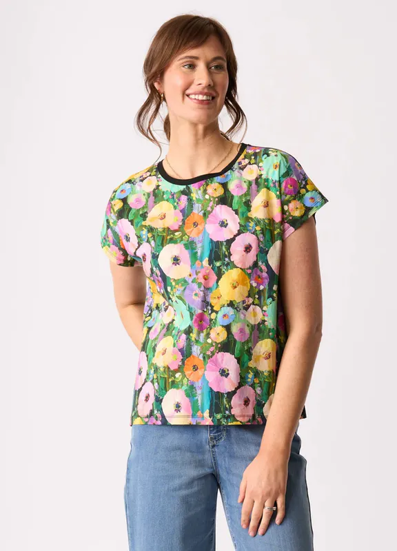 Model wearing Blossoms Contrast Front Drop Shoulder Top By Memo Available at Beetees Nelson
