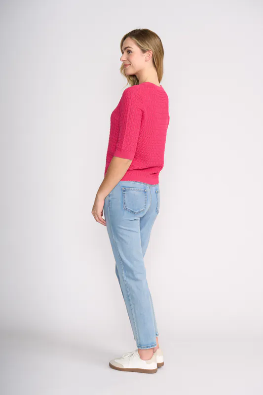 Model wearing Cerise Pointelle Knit T-Shirt By Oh Three Available at Beetees Nelson