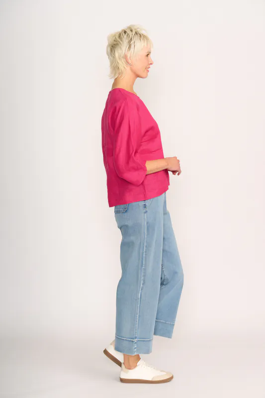 Model wearing Pink Plot Twist Top By Foil Available at Beetees Nelson