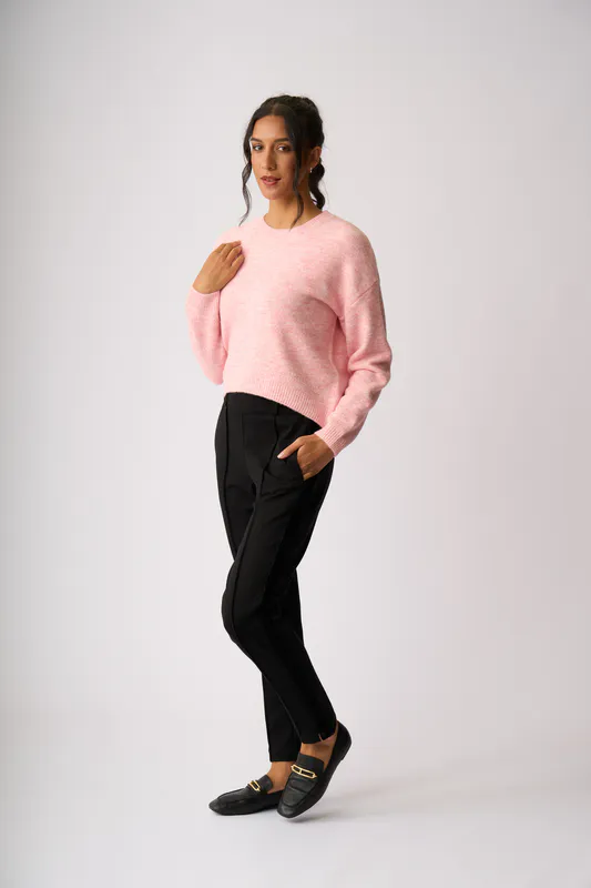 Model wearing Pink Cropped Drop Hem Jumper By Memo Available at Beetees Nelson