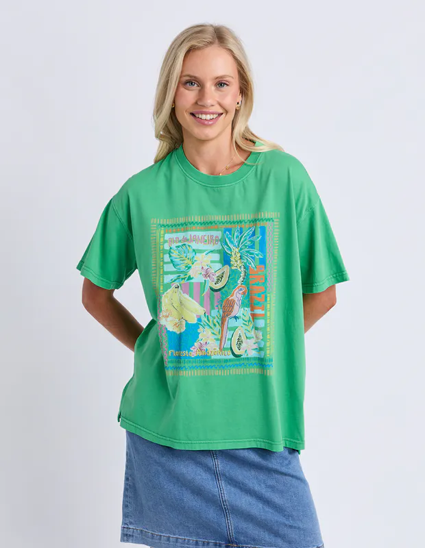 Model wearing Green Rio Rio Tee By Elm Available at Beetees Nelson