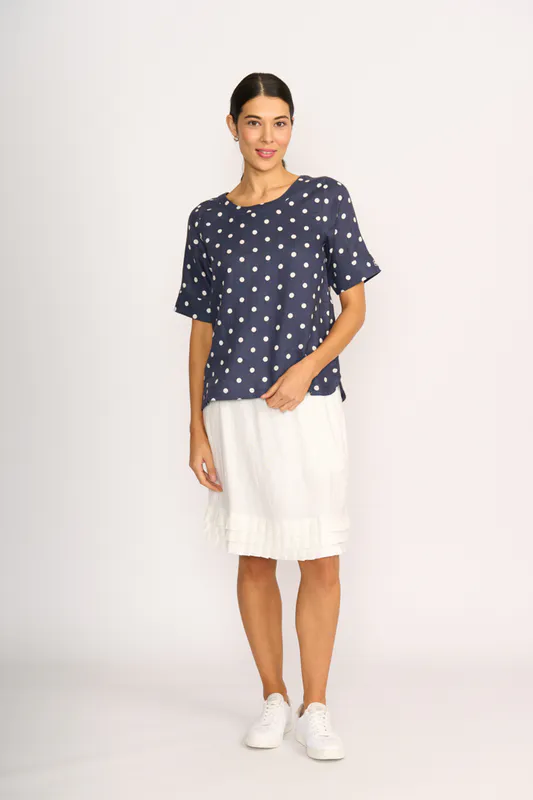 Model wearing Navy Spot Pleat Back Top By Foil Available at Beetees Nelson