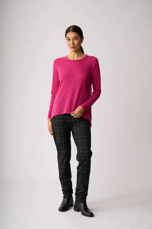 Model wearing Crimson Back Placket Swing Jumper By Foil Available at Beetees Nelson