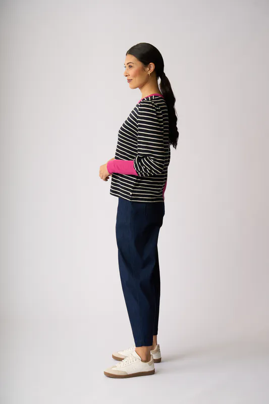 Model wearing Trupe Navy Stripe Contrast Trim Jumper By Foil Available at Beetees Nelson