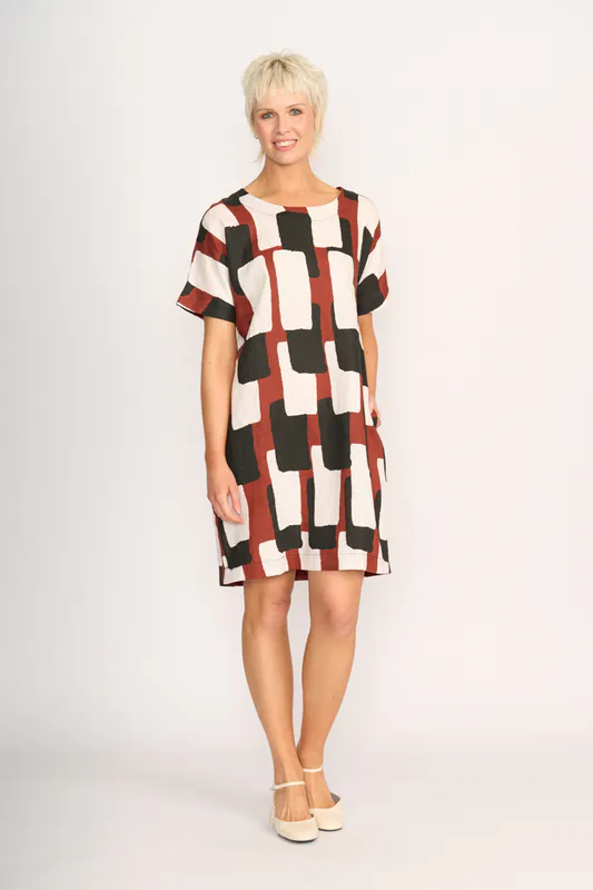 Model wearing Spice Box Contrast Facing Shift Dress By Preen Available at Beetees Nelson