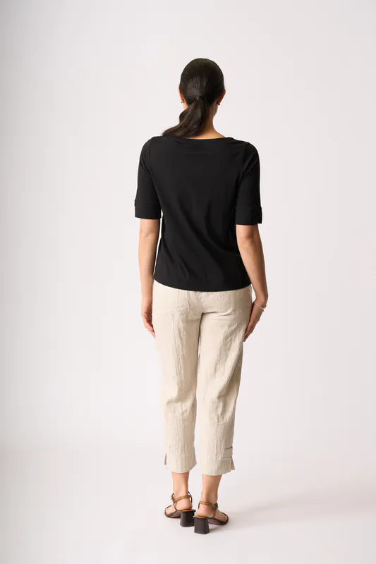 Model wearing Black Tee - Wide Neck, Elbow Sleeve By Esplanade Available at Beetees Nelson