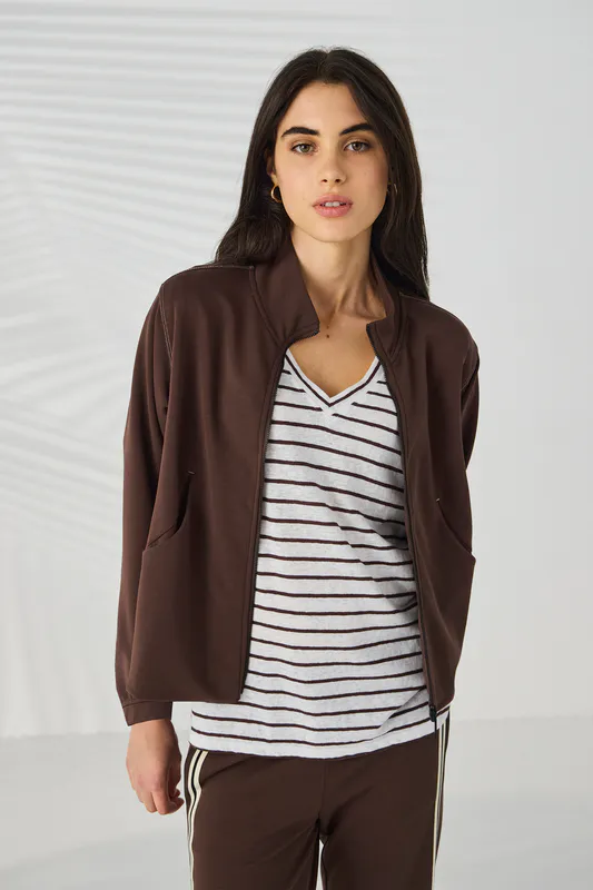 Model wearing Cocoa Holt Jacket By Lania Available at Beetees Nelson