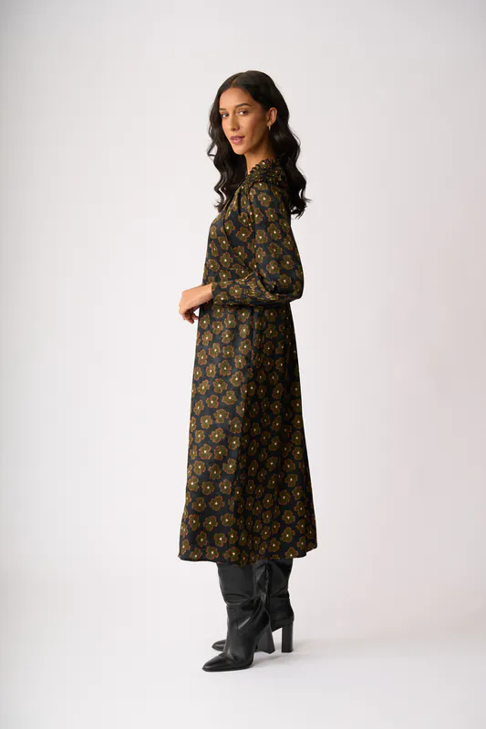 Model wearing Khaki Floral Shirred Shoulder Dress By Foil Available at Beetees Nelson