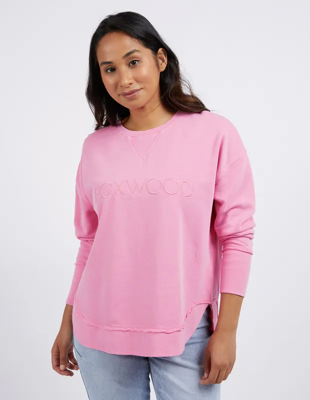 Model wearing Bright Pink Simplified Crew By Foxwood Available at Beetees Nelson