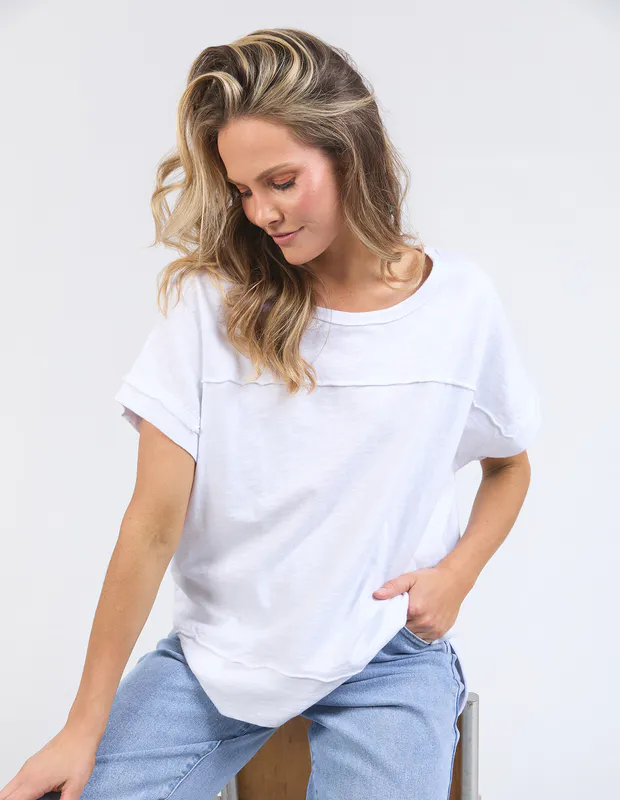Model wearing white Allison Tee By Foxwood Available at Beetees Nelson