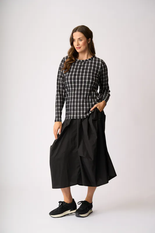 Model wearing Black Check Velveteen Top By Memo Available at Beetees Nelson