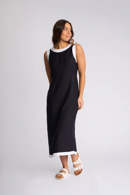 Model wearing Ink/White Oak Dress By Vassalli Available at Beetees Nelson