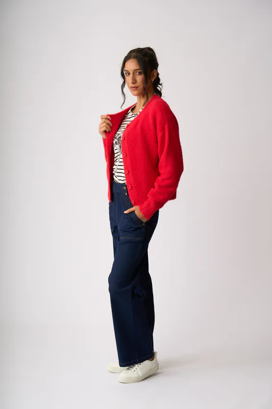 Model wearing Red Relaxed Cardigan By Foil Available at Beetees Nelson