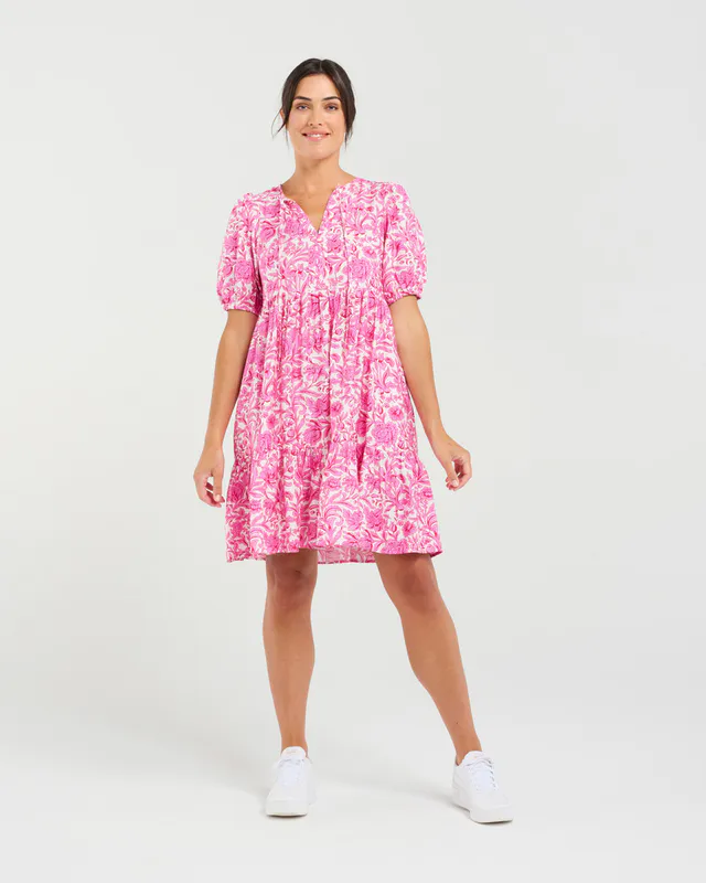 Model wearing Vintage Rose Pink Aubrey Tie Neck Dress By Blackstone Available at Beetees Nelson